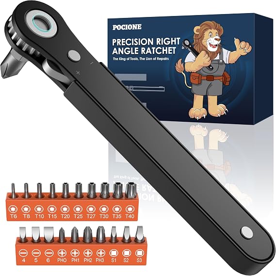 Right Angle Screwdriver Set: Mini Ratchet Screwdriver with Low Profile Offset Handle, Tamper Proof Torx, Hex Bits, Square Drive Bit, EDC Tool Set for Tight Spaces, Christmas Gifts for Men Dad Husband