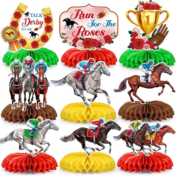 9Pcs Derby Day Party Decorations Horsing Racing Honeycomb Centerpieces for Tables Horse Racing Table Decorations for Derby Day Home Birthday Party Supplies Table Decor