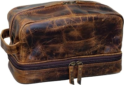 jaald Mens Genuine Buffalo Leather Brown Toiletry Bag Shaving And Grooming Kit For Travel Groomsmen Gift Men Women Hanging Zippered Makeup Bathroom Cosmetic Pouch Make Up Case