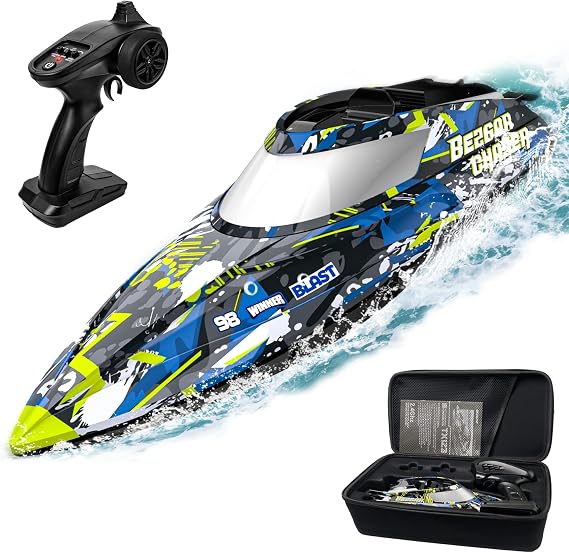 BEZGAR TX123 Remote Control Boats - Fast Speed RC Boat 32+ KPH with Suitcase for Lakes & Pools & Salt Water | 32 KPH High Speed & Self-Righting; 40-Min Runtime; Waterproof with Storage Suitcase; LED Lights for Pool & Lake; Camouflage