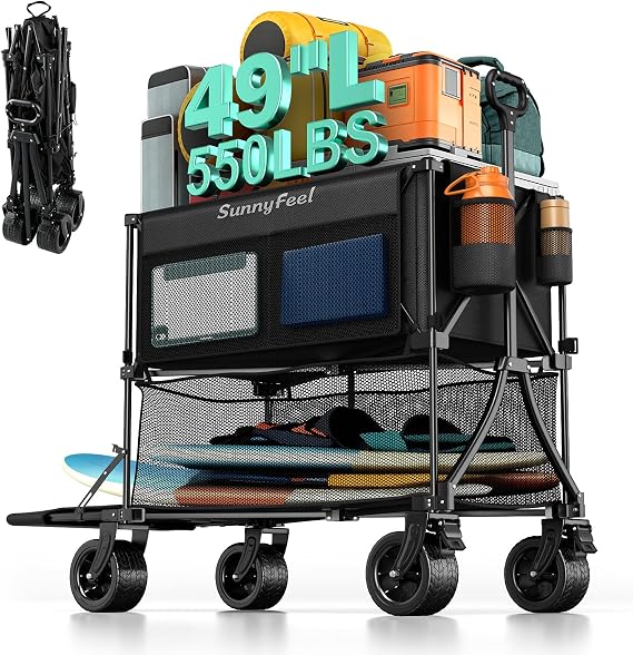 SUNNYFEEL 400L Double Decker Wagon Cart with Brakes, 49" Extra Long