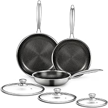 6 Pieces Stainless Steel Frying Pan Set with Lids, Honeycomb Nonstick Frying Pan Set 3 Pcs,Induction Skillet Set Egg Omelette Frying Pan Sets W/Lid, Induction Compatible, PFOA Free