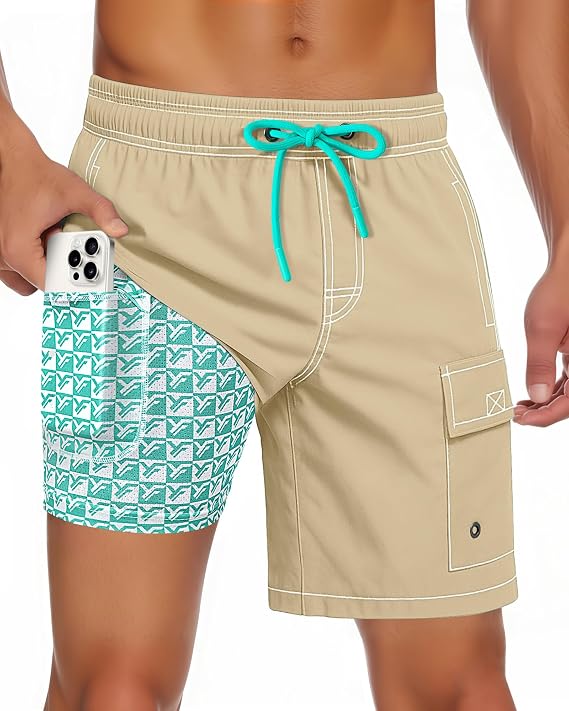 Yufawow Men Swim Trunks with Compression Liner Quick Dry Breathable Multi Pockets for Summer Beach Cruise Water Park