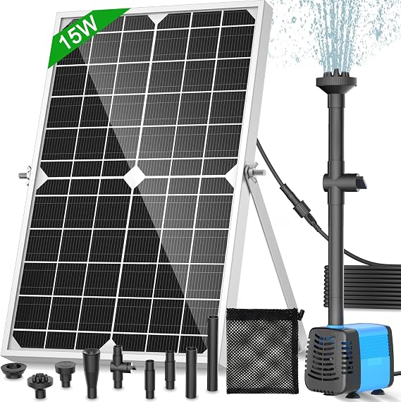 Solarteichpumpe 15W Solarbrunnenpumpe mit 720 L/h Durchfluss 5 m Netzkabel 4 Sprühmuster & Schmutzfangsack – Ideal für Teiche & Wasseraufstellungen.