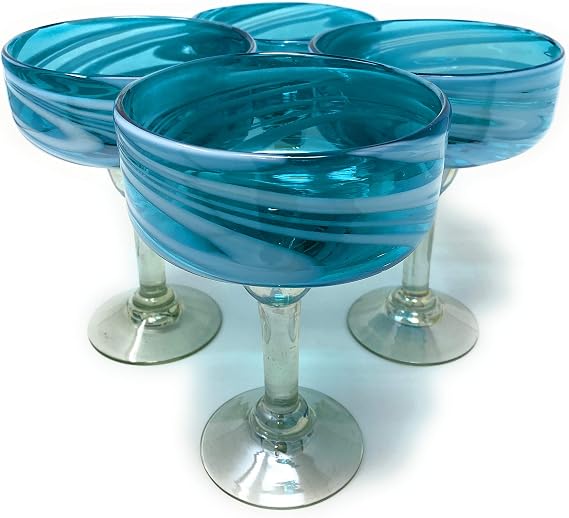 Dos Suenos Mexican Hand Blown Glass Set of 4 Hand Blown Margarita Glasses Aqua Swirl (16 oz)