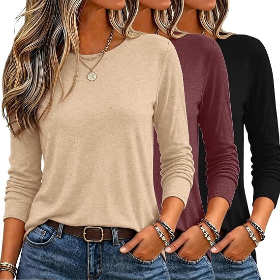 Zeagoo 3 Pack Long Sleeve Shirts for Women Casual Soft Crewneck Basic Tee Tops Fall Outfit Clothes