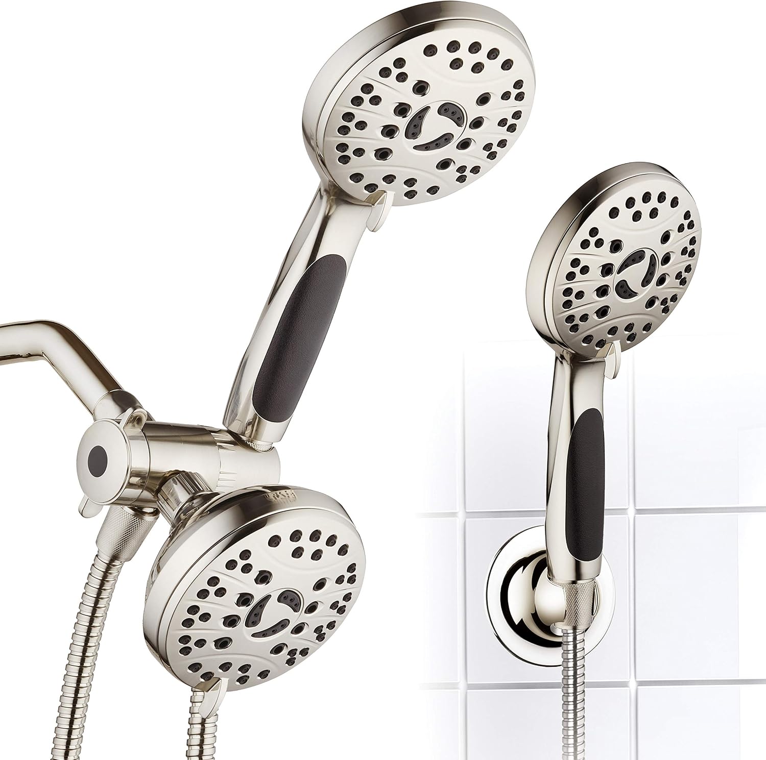 High Pressure 48-Mode Luxury 3-Way Combo – Dual Rain & Handheld Shower Head – Extra Long 6 Foot Stainless Steel Hose – Anti Slip Grip – Brushed Nickel – Top US Brand – Extra Wall Bracket