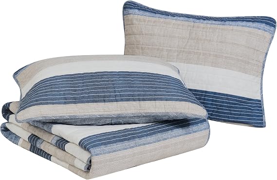 Nautica - Queen Quilt Set, 100% Cotton Bedding with Matching Shams, Reversible Stripe Design, Prewashed for Extra Softness, Lightweight & Breathable Quilt for Year-Round Layering (Ridgeport Blue)
