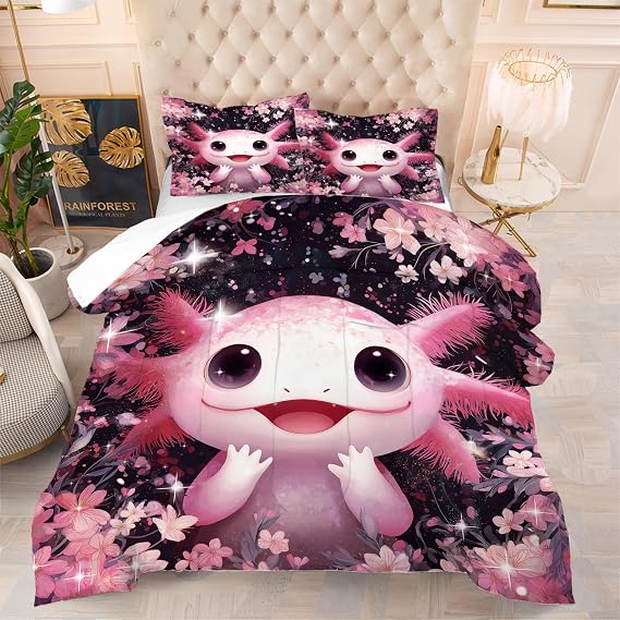 Axolotl Comforter Set Twin Size Pink Purple Cherry Blossom Bedding Sets for Kids Teens Girls Bedroom Cute Floral Axolotl Bed Sets 1 Comforter & 1 Pillowcase
