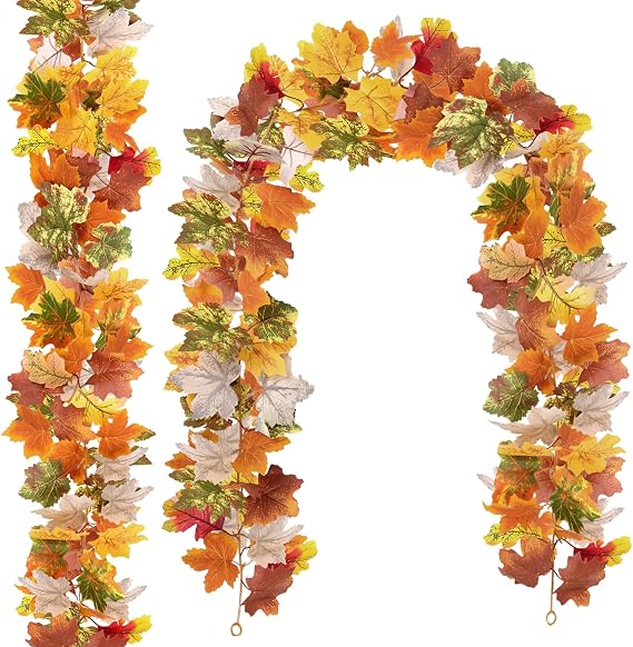 2Pack 5.9ft Artificial Fall Maple Leaf Garland, Autumn Vine Wreath with Foliage for Thanksgiving Halloween Christmas Decor Wedding Fireplace Mantel Home & Party Decor (2Pack-Red/White)