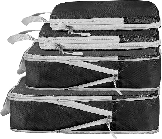 Compression Packing Cubes, Ultralight Packing Cubes for Carry on Suitcase, Travel Packing Essentials for Suitcase Organizer Bags Set, Durable Travel cubes for Luggage (Black, Set of 4)