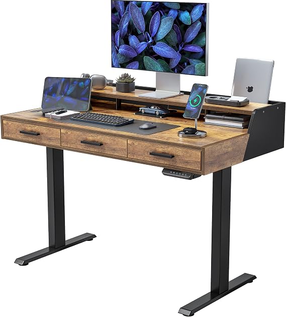 FEZIBO Electric Standing Desk 48x26 Inches with 3 Wood Drawers and Monitor Shelf, Height Adjustable Computer Desk, Ergonomic Rising Home Office Desks, Sit Stand Up Workstation Table, Rustic Brown