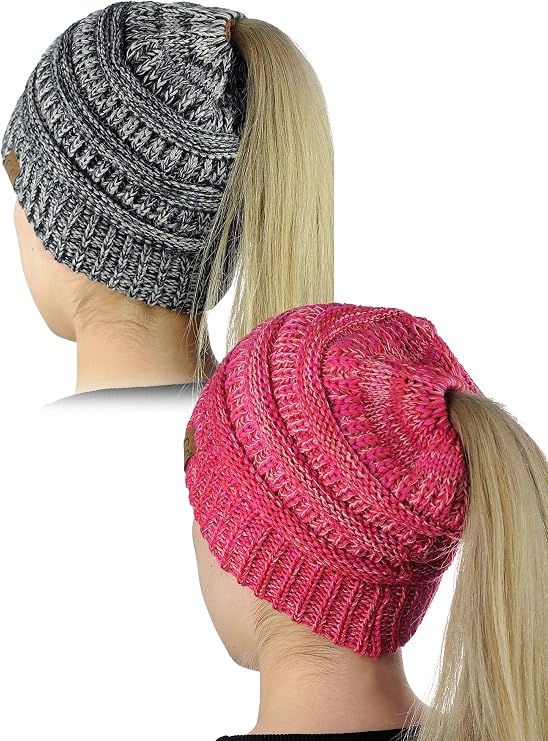 C.C BeanieTail Soft Stretch Cable Knit Messy High Bun Ponytail Beanie Hat, 2 Pack