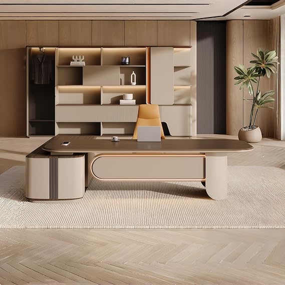 Modern Executive Desk, 102.4 inch L Shaped Desk with Storage, Lockable Storage & Cable Box, Office Desks for CEO No Installation Required