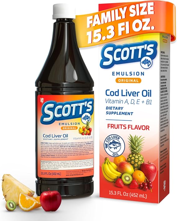SCOTT'S EMULSION Cod Liver Oil Liquid Fruits Flavor Family Size Supports Growth, Immunity & Bone Health Rich in Omega 3 & Vitamins A+D Easy-to-Take Fish Oil for Kids & Adults 15.3 Fl Oz