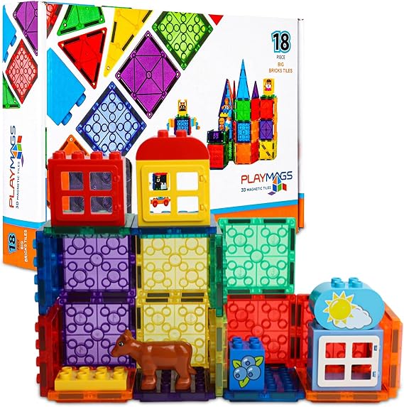 Playmags Magnetic Tiles, 18Pcs Magnetic Building Bricks, Exclusive Magnetic Blocks, Skill Development, Ages 3+ (Big Bricks Tiles)