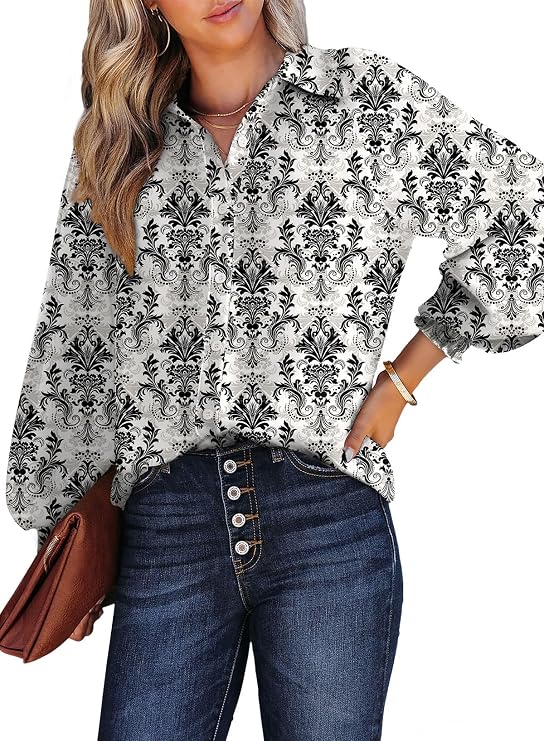 Dokotoo Women's Casual V Neck Allover Floral Print Long Sleeve Chiffon Button Down Blouses Bohemian Top Shirts