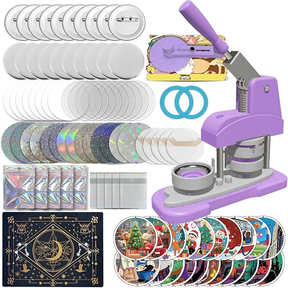 Button Maker Machine 58mm (2.25 inch), DIY Button Pin Maker Machine  with Free Button Parts, Circle Cutter, Cutting Board, Pattern Paper, Holographic Bags, Colored Film, and Protective Case