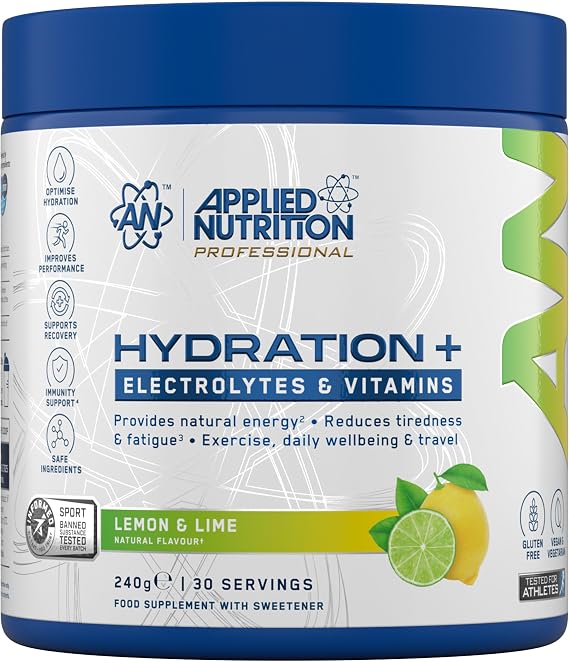 Applied Nutrition Hydration+ Electrolytes and Vitamin Powder Sugar-Free Hydration Drink Mix for Energy Recovery and Electrolyte Replenishment Lemon & Lime - 240g (30 Servings)