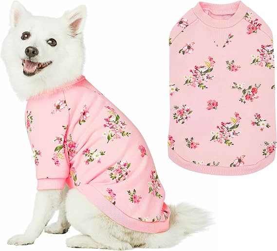 Blueberry Pet Floral Rose Print Pullover Sweatshirt for Dogs, 8 inch Back Length, Lightweight Spring Outfit in Baby Pink