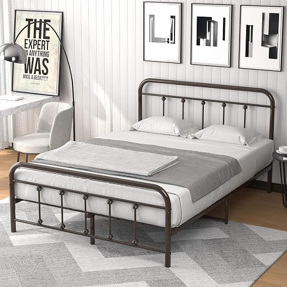 Metal Platform Bed Frames, Mattress Foundation with Vintage Headboard and Footboard, All Metal Frame, No Box Spring Needed, Easy Assembly