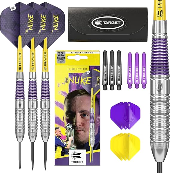 Target Darts Luke Littler Range - Steel Tip Dart Set 100-Piece Dart Set with Box or 85-Piece Accessory Set with Flights Shafts Point Sharpener & Tool Dart Players