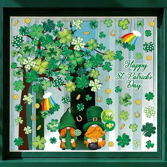 8 Sheets St. Patrick's Day Window Clings Stickers Shamrock Window Decals | Gnome Green Tree Window Stickers for Holiday Party Home Office Shop Glass Display Decoration