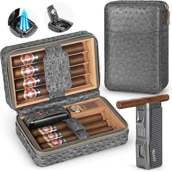 Scotte Cigar Humidor Box, Cigar Lighter Cedar Wood Lined Leather Cigar Case Built in Hygrometer & Humidifier, Torch Lighter with Cigar Holder Cigar Punch Portable Travel Cigar Humidor Kit (Grey)