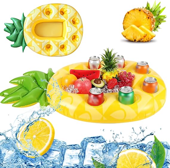 Pineapple Pool Bar Inflatable Drink Holder Floating 2-in-1 Drinks and Snack Holder Pool Bar 7 Holes Large Capacity Coaster for Party Pool Beach Theme Party Bottle Holder Summer Swimming Pool