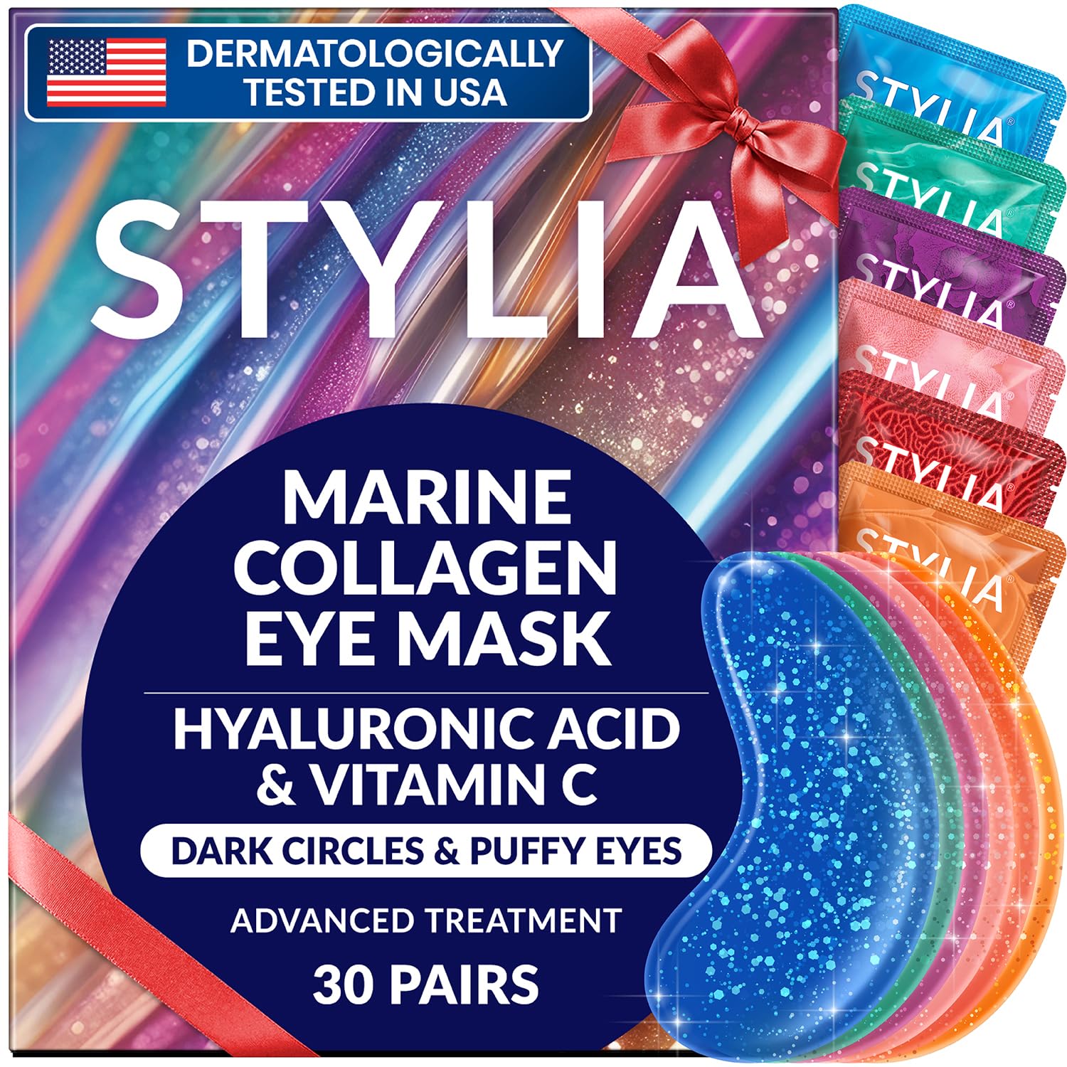 Stylia Collagen & Vitamin C Under Eye Patches for Puffy Eyes & Dark Circles - Depuffing, Hydrating & Firming Under Eye Mask with Hyaluronic Acid - Stocking Stuffers for Teen Girls, Vegan 30 Pairs
