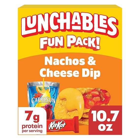 Lunchables Fun Pack, Nachos with Capri Sun, 4.7 oz & 6 fl oz | With Capri Sun Fruit Punch and Kit Kat, tortilla chips with nacho cheese dip and salsa, a fun pack lunch, 7 grams of protein