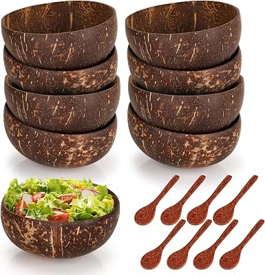 8 Pack Coconut Bowls and Wooden Spoon Sets, 15 Oz Polished Coconut Shell Bowls Set for Salad, Smoothie, Fruit