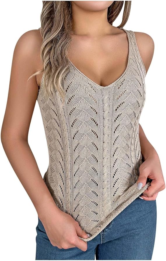 Womens Hollow Out Knitted Vest Beach Vacation Tank Top Summer Casual Sleeveless V-Neck Tanks Crop Tops