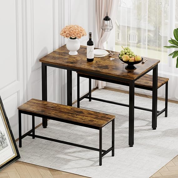 Kitchen Dining Table Set, Bar Table with 2 Benches, Industrial Pub Table Counter with Long Chairs for Kitchen Breakfast Table, Living Room, Party Room (Rustic Brown)
