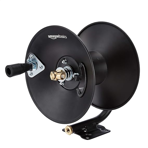 Amazon Basics Retractable Air Hose Reel - Fits 3/8-Inch 50-Feet Air Compressor Hoses, Portable, Works Well, 300PSI, Black, Hoses Excluded, Not for Water/Pressure Washers