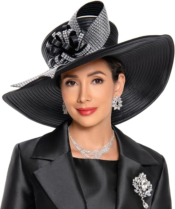 Women's Church Hat for Baptism Wedding Wide Brim Rhinestone Fascinator Sunday Chapel Tea Party Hat