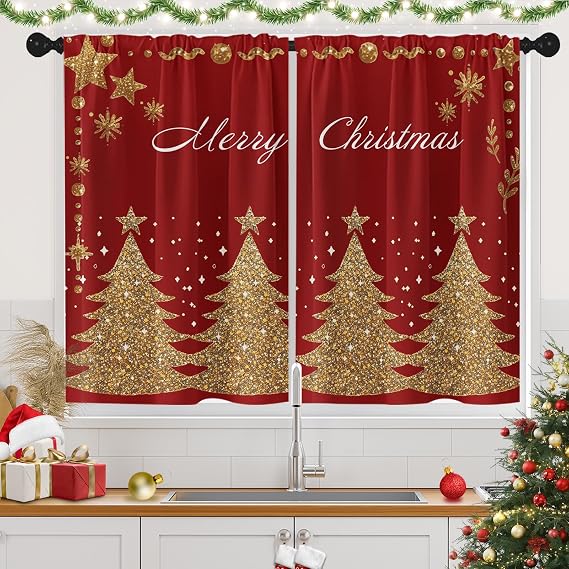 Kitchen Curtains 36 Inch Length, 2 Pack, Christmas Tree
