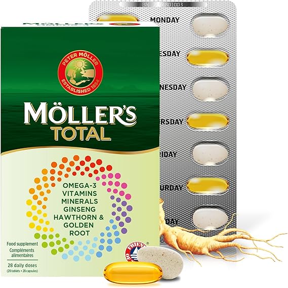 Moller’s ® | Möller's Total | Complete Daily Supplement | Nordic Omega-3 Dietary Supplement with EPA and DHA | Broad Spectrum of Vitamins and Minerals | Ginseng, Hawthorn & Golden Root | 56 Capsules
