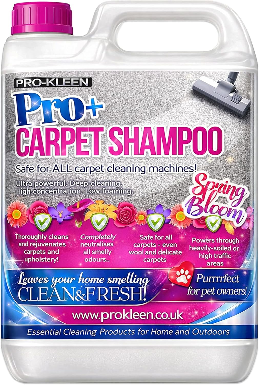 Pro-Kleen Pro Carpet Shampoo and Upholstery Cleaning Solution – 4 in 1 Concentrate – Pet Carpet Cleaner with Odour Removal Suitable for all Machines 5L Spring Bloom
