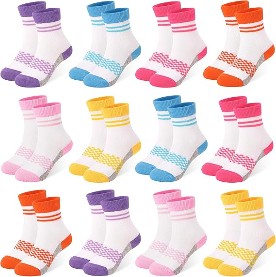 12 Pairs Girls Crew Socks,Kids Athletic School Socks Ages 2-14