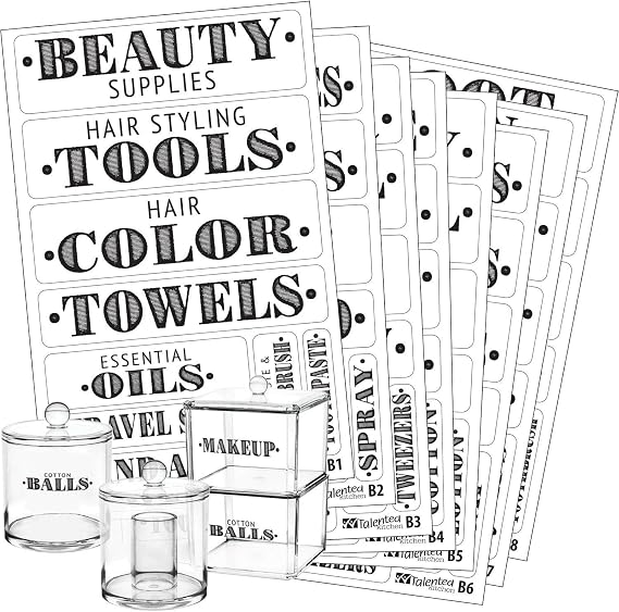 Talented Kitchen Farmhouse Bathroom Label Stickers - Water-Resistant Preprinted PVC Labels - Kitchen & Laundry Room Organization - Bathroom Storage & Container Tags - Pack of 72, Black on Clear