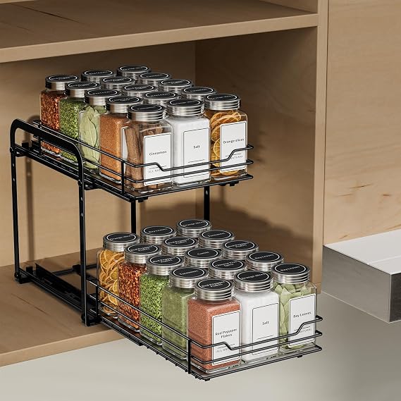 Extendable Spice Rack for Cupboard 2 Tier Spice Racks Black
