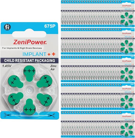 ZeniPower Extra High Power Cochlear Implant BTE Speech Processor Batteries Zinc Air 1.4V Size 675P, 675CI, Implant Plus (600 Batteries)