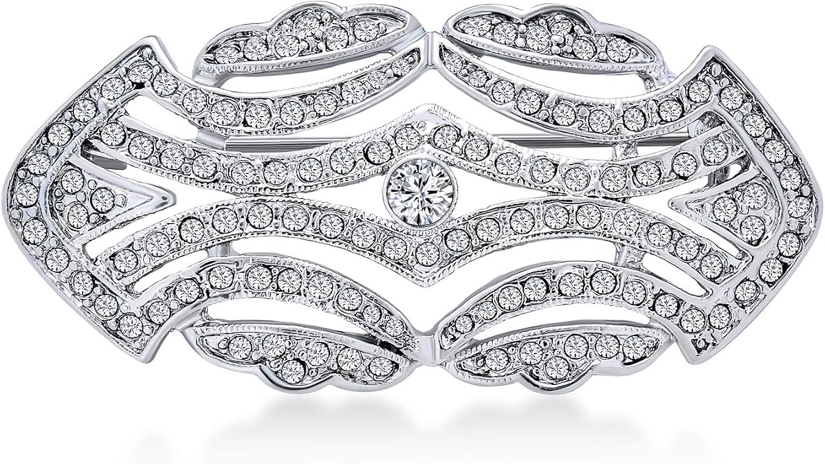 Estate Style Jewelry Large Pave Wedding Bridal Crystal Fashion Gatsby Vintage Art Deco Style Scarf Brooch Pin For Women Silver Plated Brass