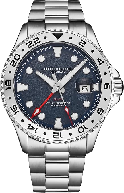 Stuhrling Original Equinox GMT 4077 Men's Quartz GMT Watch Dual-Time Movement, Bi-Directional Bezel, Stainless Steel Bracelet