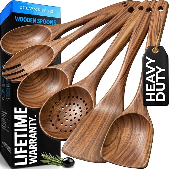 Zulay Kitchen 6 Piece Wooden Spoons for Cooking Natural Teak Wooden Utensil Set, Easy to Clean, Durable, Smooth with Comfort Grip - Non Toxic Wooden Cooking Utensil Sets