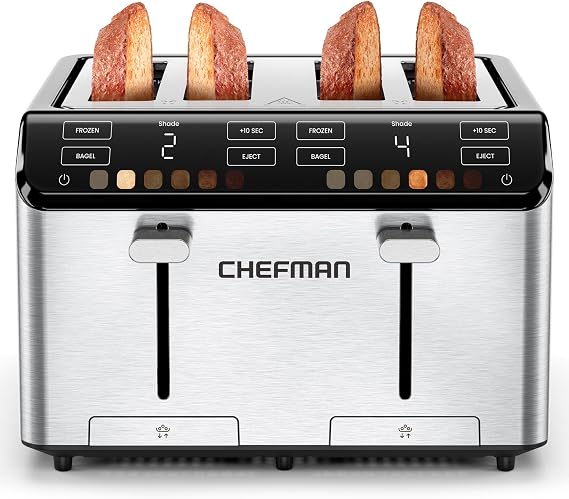 Chefman Smart Touch 4 Slice Digital Toaster, 6 Shade Settings, Touchscreen Bagel Toaster 4 Slice with Extra-Wide Slots, +10 Seconds, Defrost, Removable Crumb Tray Stainless Steel