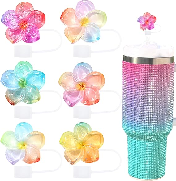 Flower Straw Toppers Set, 10mm Flower Straw Covers Topper for Stanley Cup 30oz 40 0z Tumblers, Cute Summer Themed Cup Toppers for Girls, Reusable and Shiny