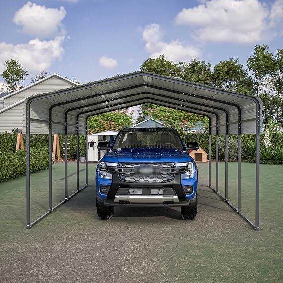BIRCHTREE Heavy Duty Metal Carport 13x20ft Car Canopy Outdoor Storage Shed Garage Party Tent Gazebo Ground Studs UV Resistant Waterproof All-Season Tarp for SUV Car Truck Boat Anthracite