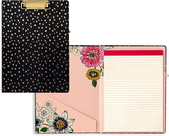 Vera Bradley Clipboard Folio with Refillable Lined Notepad, Black Padfolio with Interior Pocket and Pen Loop, Midnight Gold Dots